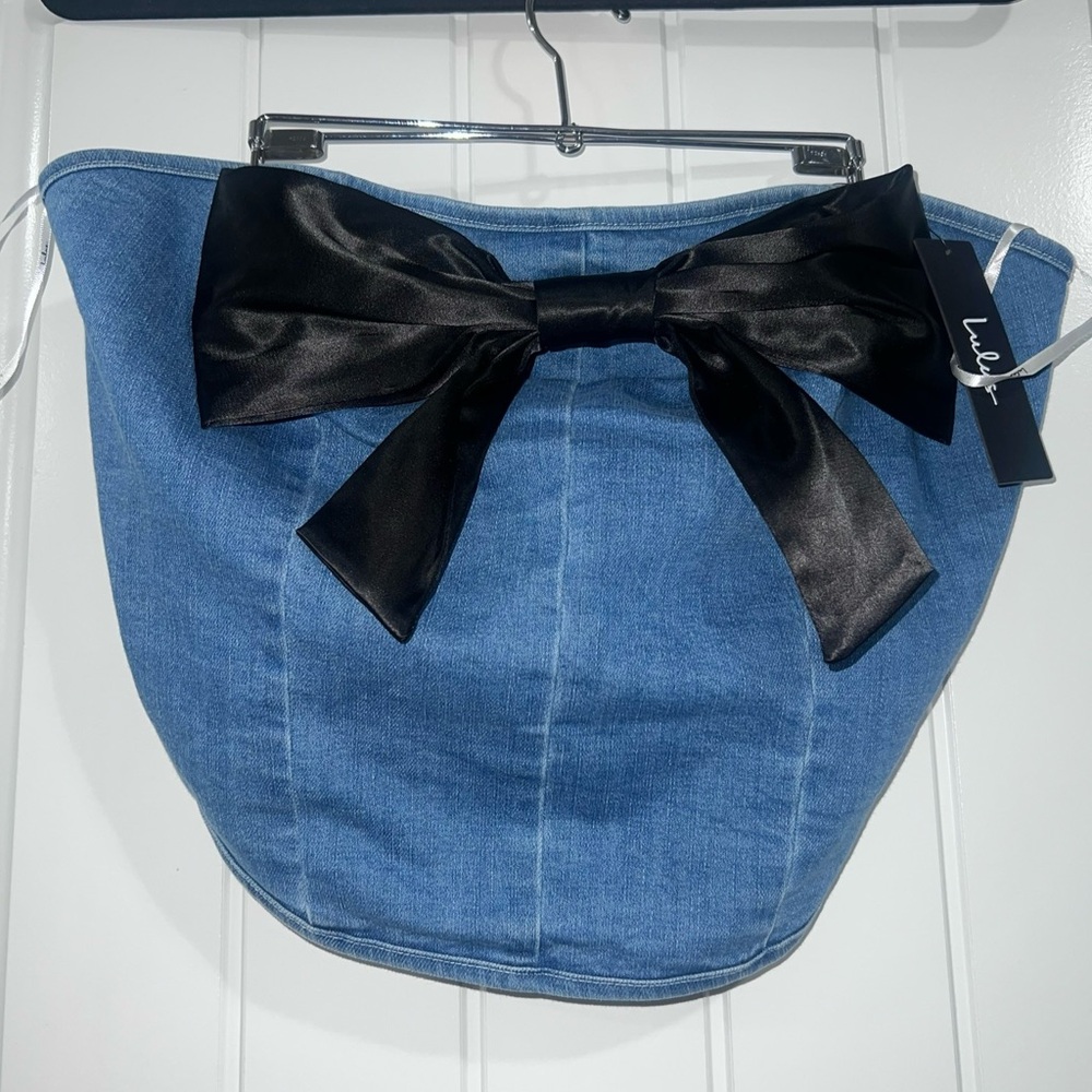 Lulu's Blue Denim Top with Black Bow